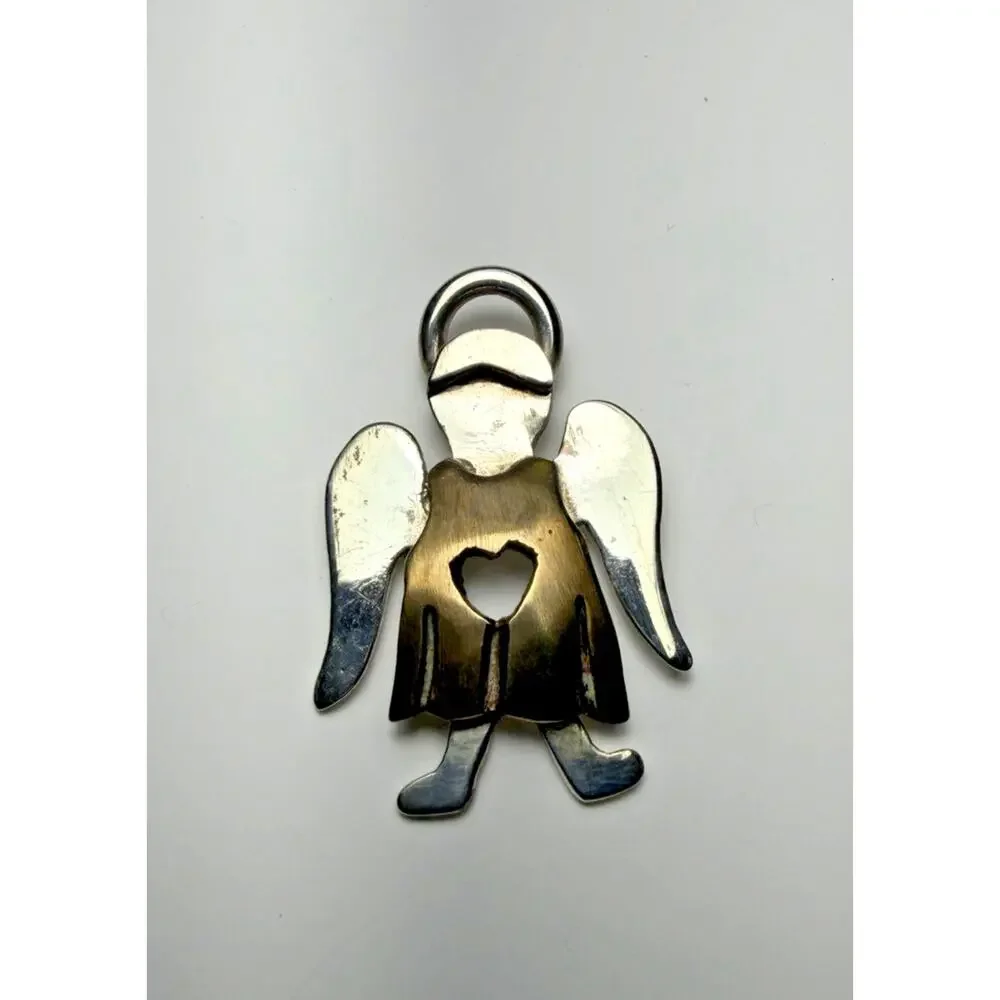 Mex925 Sterling Silver and Brass Angel Heart Pin Brooch Pendant 1 inch